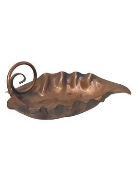 Handcrafted Copper Leaf Shaped Trinket Dish Scroll Handle By Gregorian USA #D37